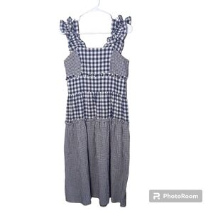 POL Blue/White Gingham Plaid Tiered Dress with Ruffles Size Small